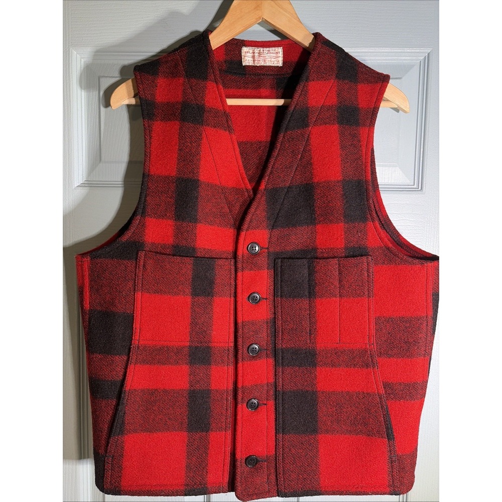 Filson Red/Black Plaid Mackinaw 100% Virgin Wool Vest size 40 Y2K.